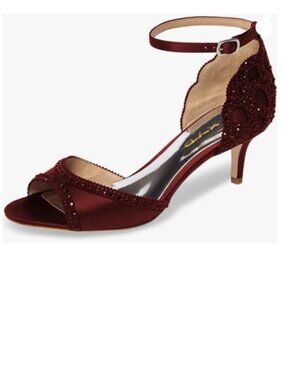 XYD Wine Red Peep Toe D'Orsay Kitten Heel Rhinestone Ankle Strap Satin Sandal